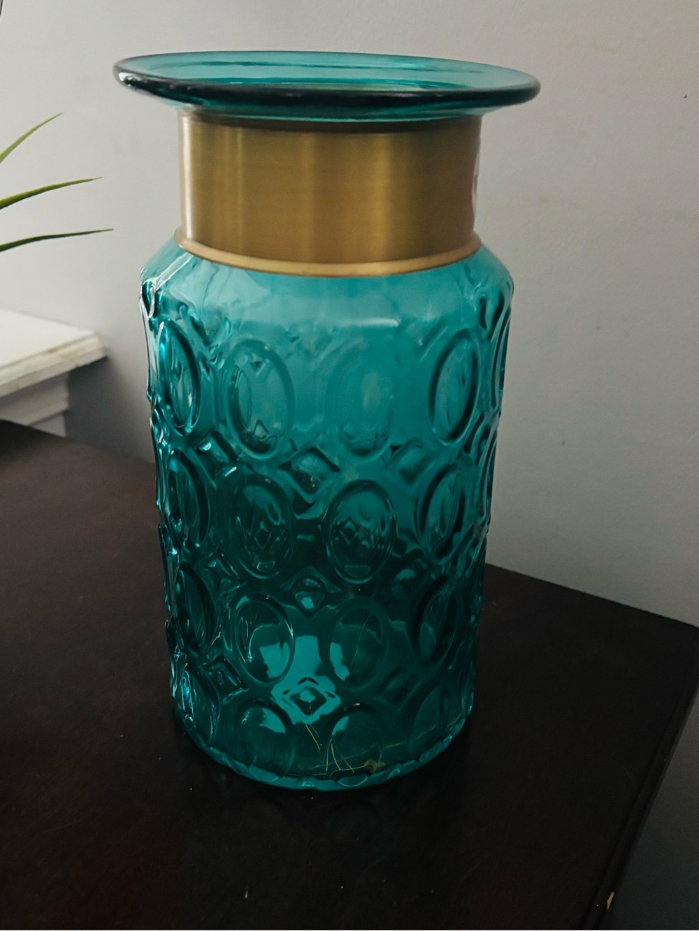 Teal Textured Glass Vase with Gold Collar